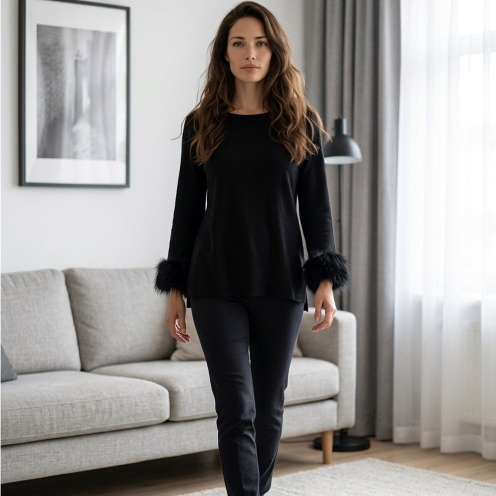 Anne Klein Black Long Sleeve Top with ostrich feather Cuffs